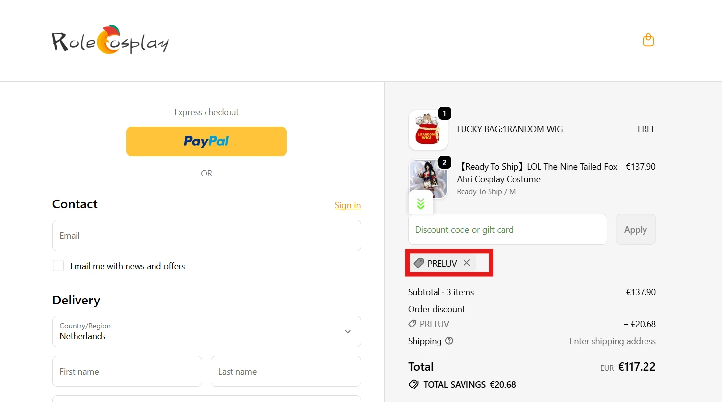 Rolecosplay discount code PRELUV verified checkout